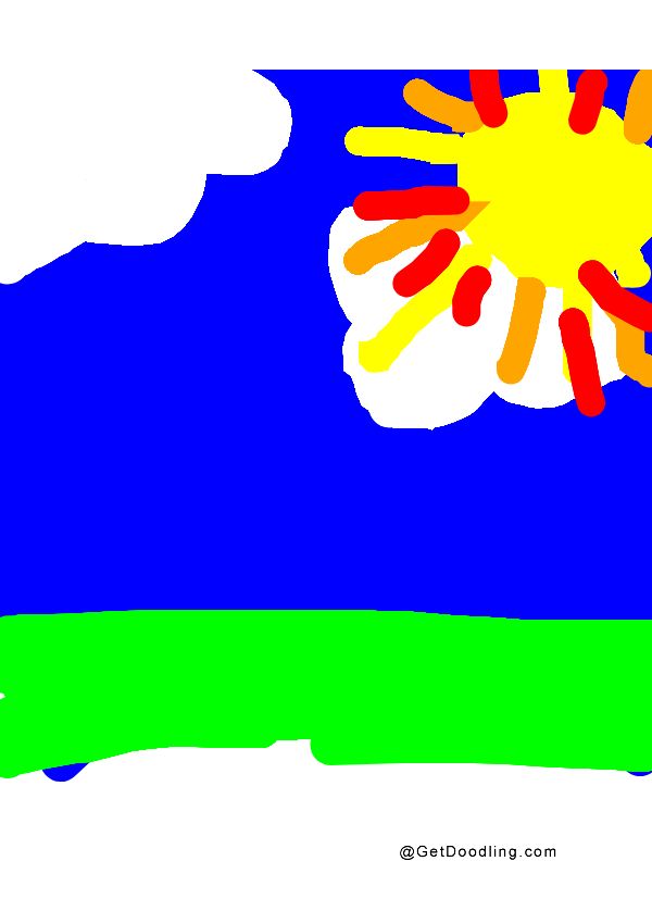 Matahari, awan putih, dan rumput