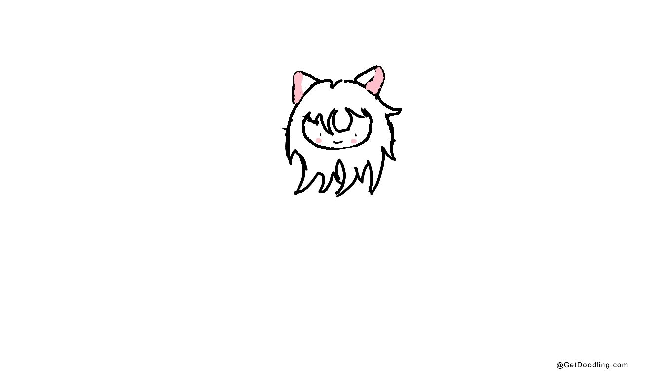 A cartoon with a furry face and pink cat ears