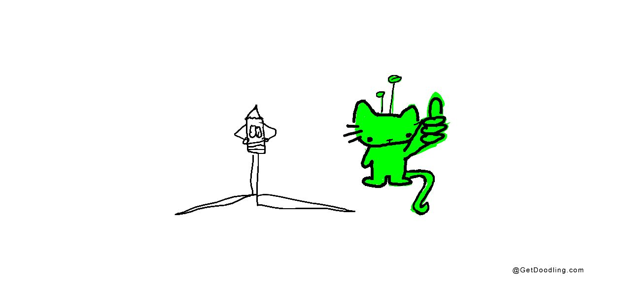 Eine kleine grüne Alienkatze zeigt fröhlich den Daumen nach oben zu einer Rakete