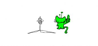 Un petit chat extraterrestre vert fait un signe d'approbation enthousiaste à une fusée