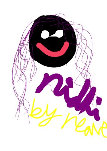 Un viso nero sorridente con capelli viola e bocca rossa.