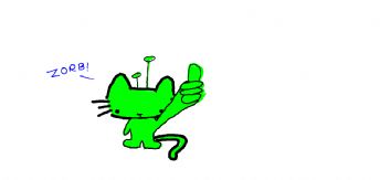 Um gato alienígena verde está fazendo um sinal de positivo