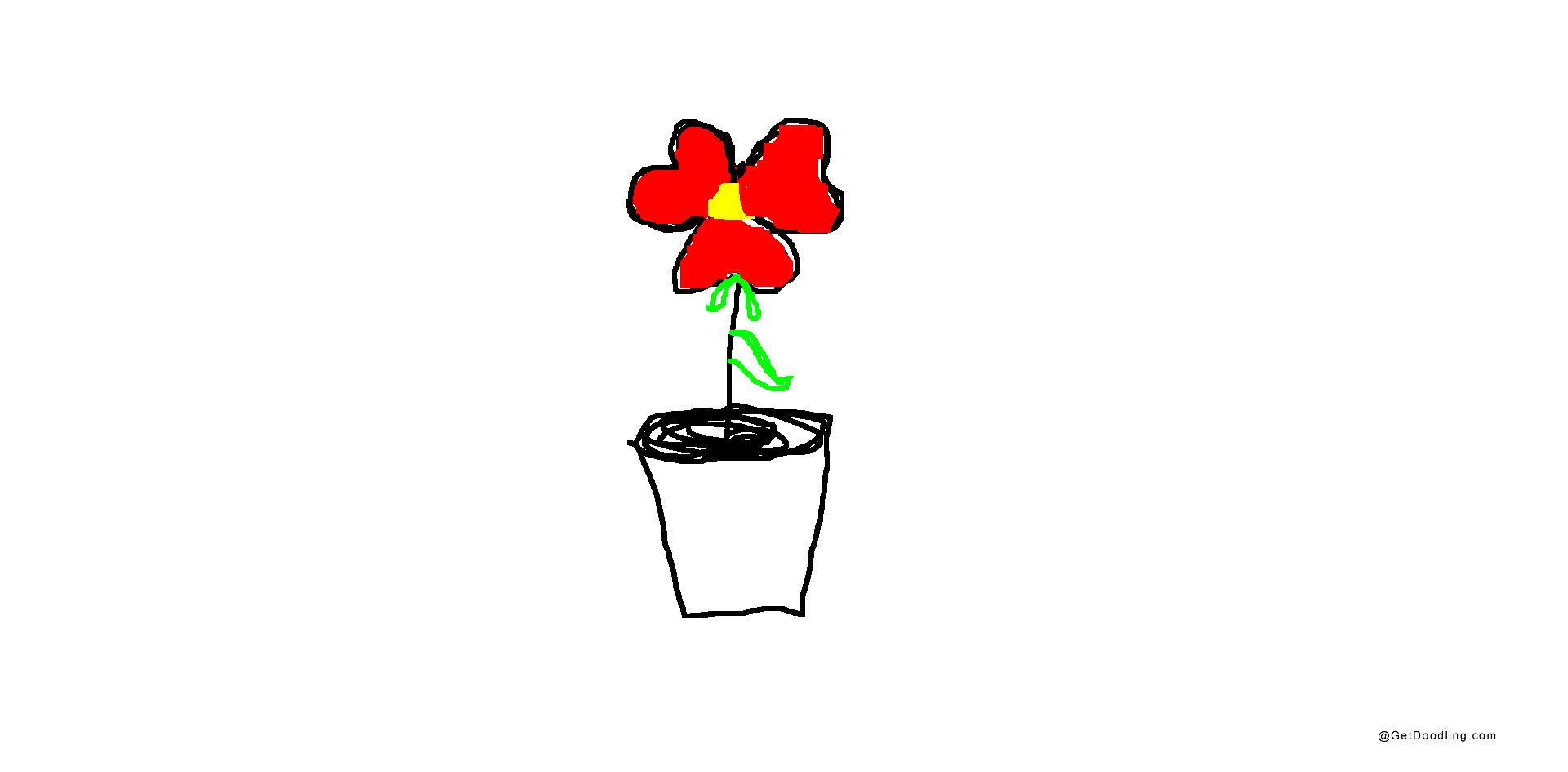 Sebuah bunga merah kecil ditanam di dalam pot bunga.