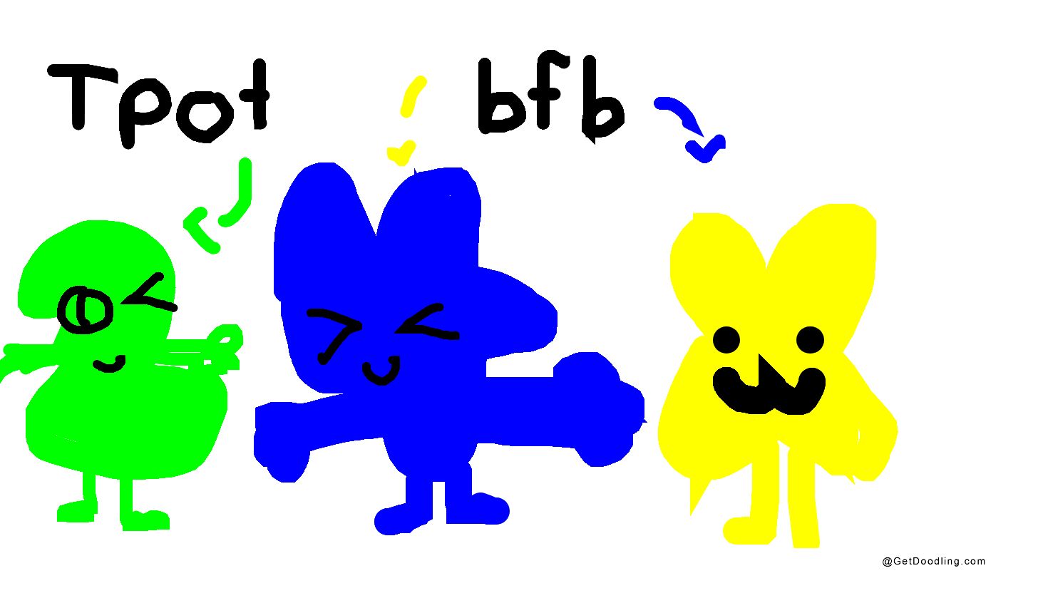 Tiga karakter dengan warna berbeda—hijau, biru, dan kuning—berdiri bersama