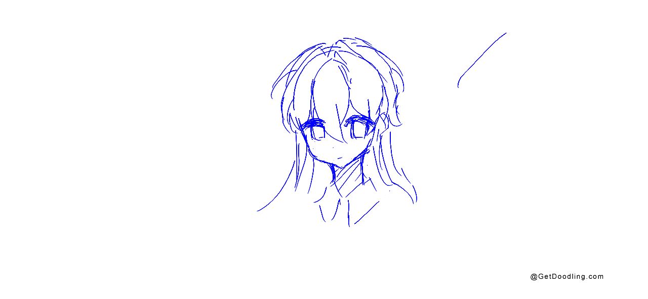 A sketch of a long-haired woman's head drawn with blue lines.