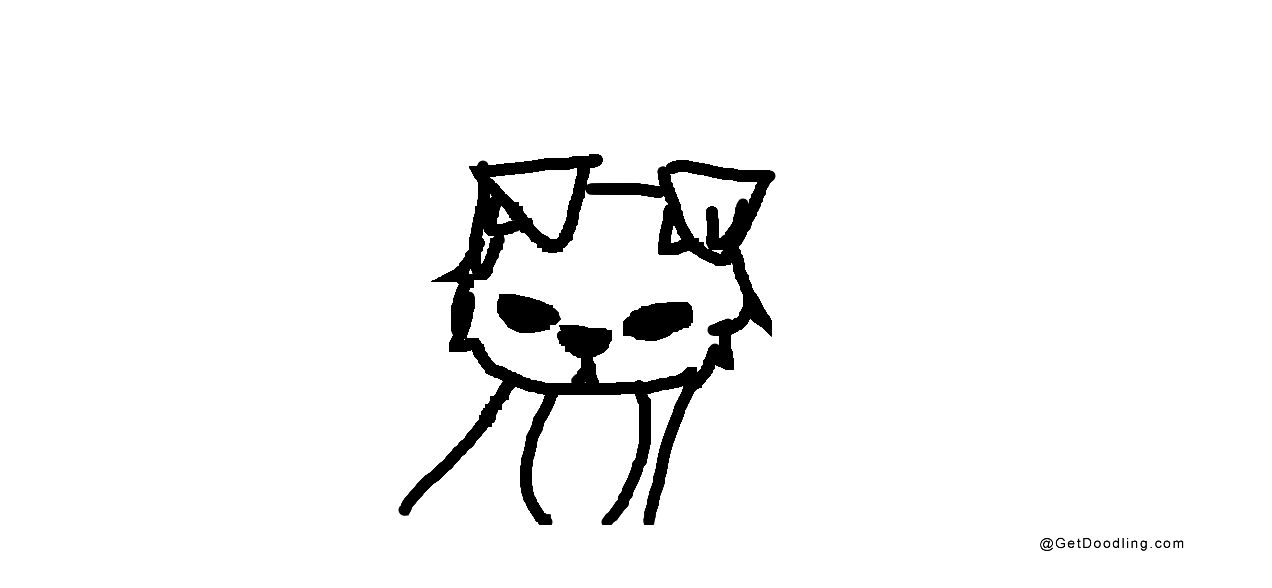 A cartoon dog or cat drawn with black lines.