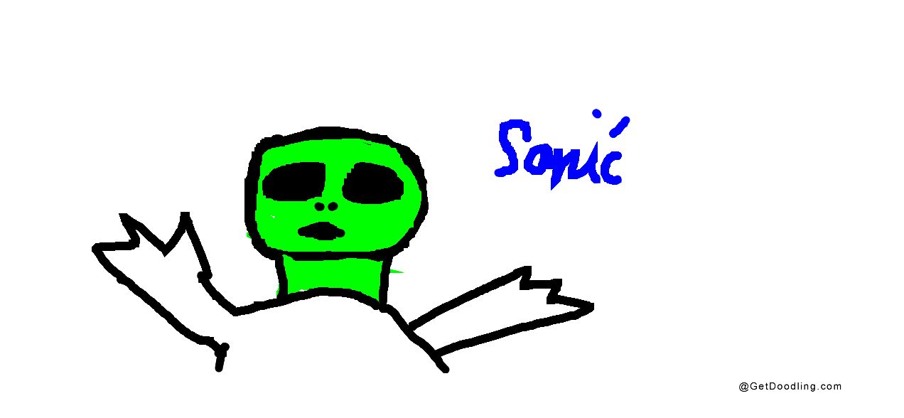 The little green animal has its arms outstretched