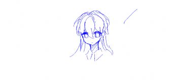 A sketch of a long-haired woman's head drawn with blue lines.