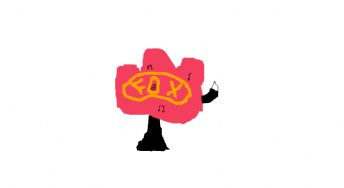 赤い木に文字と音符が描かれていて、枝にはペンが握られています