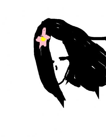 A girl with long black hair and a pink flower adorning her hair