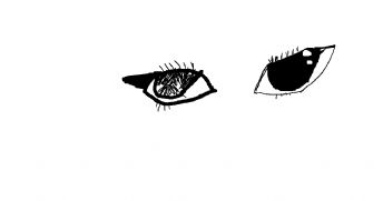 Dois olhos desenhados com linhas pretas e brancas, cada um com um estilo diferente
