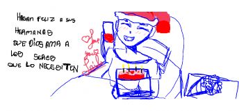 Uma figura usando um gorro de Papai Noel vermelho está distribuindo bolo e presentes para todos