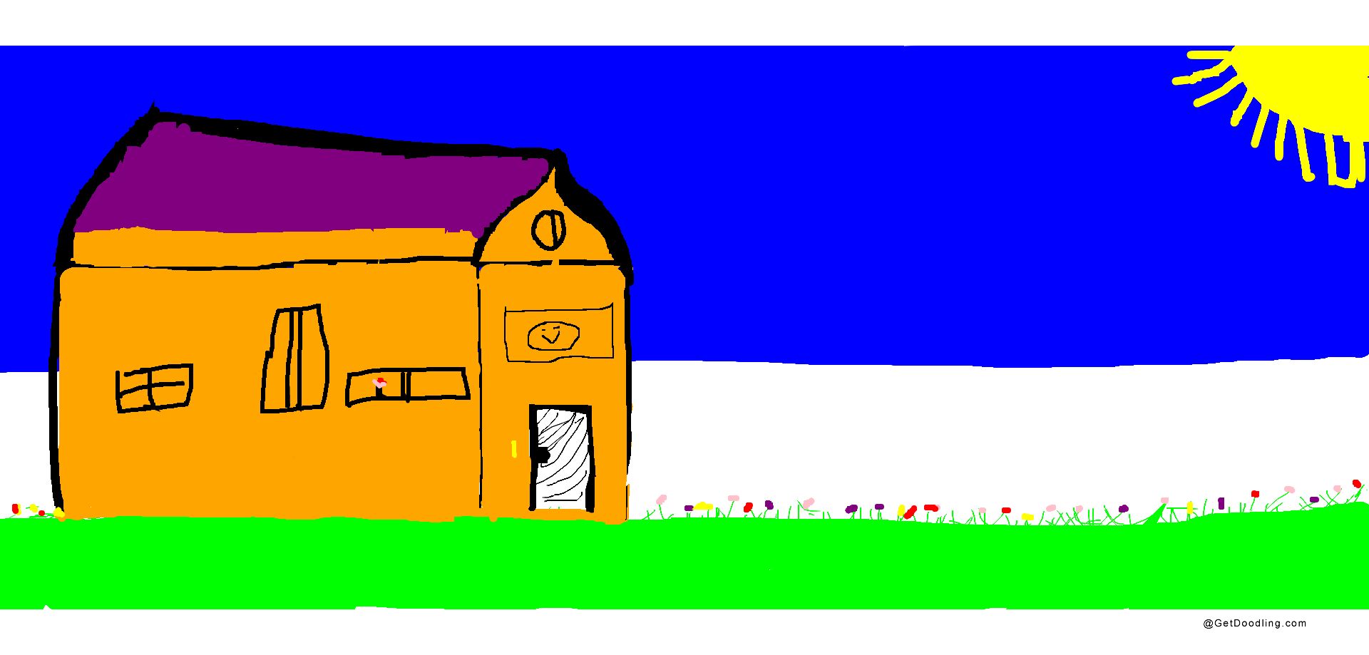 An orange cottage sits on a sunny meadow