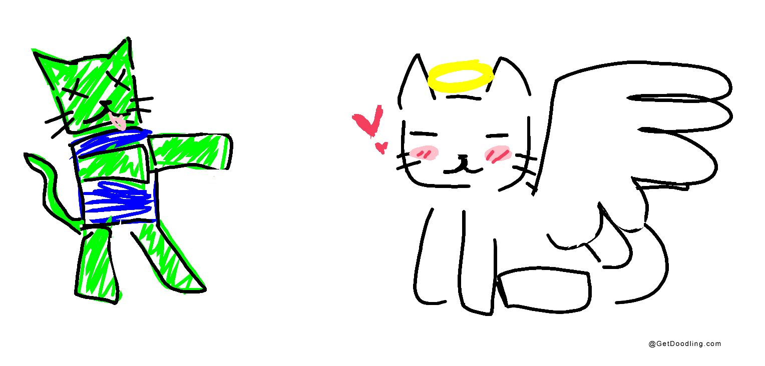 A green zombie cat and a white angel cat with wings