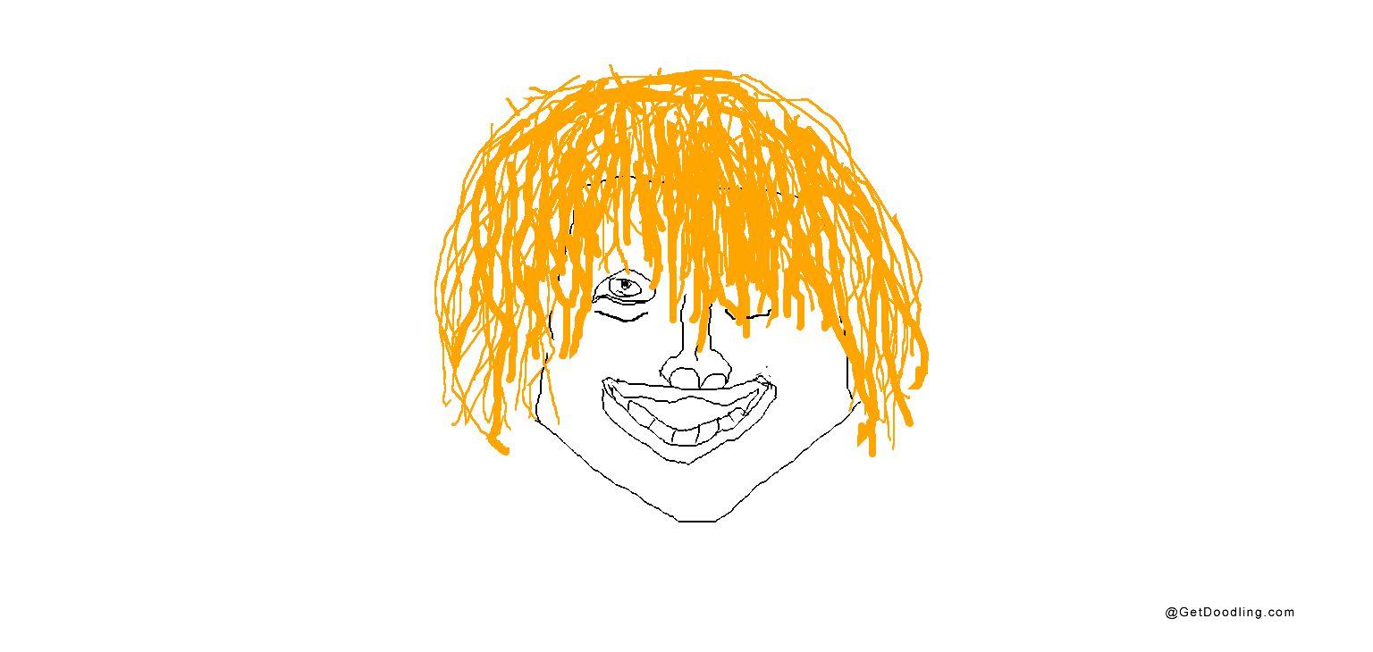 Retrato de um personagem com cabelo laranja despenteado e um rosto sorridente.