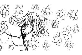 Entourée d'une centaine de fleurs.