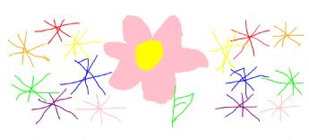 A large, blooming pink flower and many colorful little star-shaped flowers.