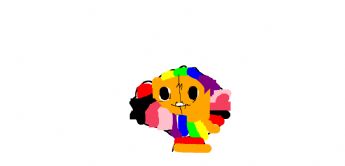 A cartoon character with rainbow hair and big black eyes.
