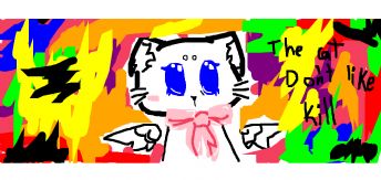大きな瞳にピンクのリボンをつけた白い猫です。