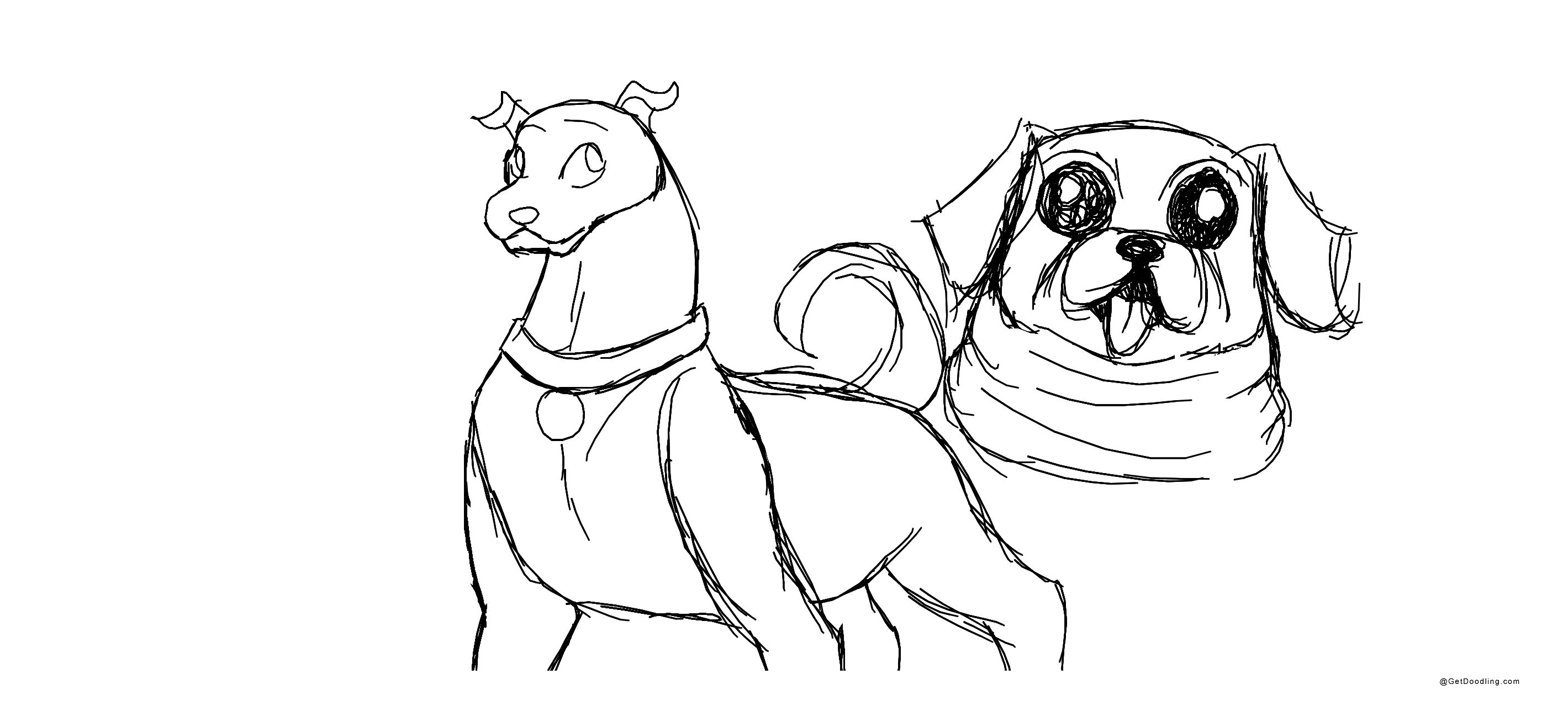 A large dog standing upright and a small dog with its tongue sticking out