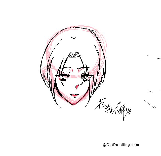 Potret wanita bergaya anime dengan garis luar hitam dan merah muda.
