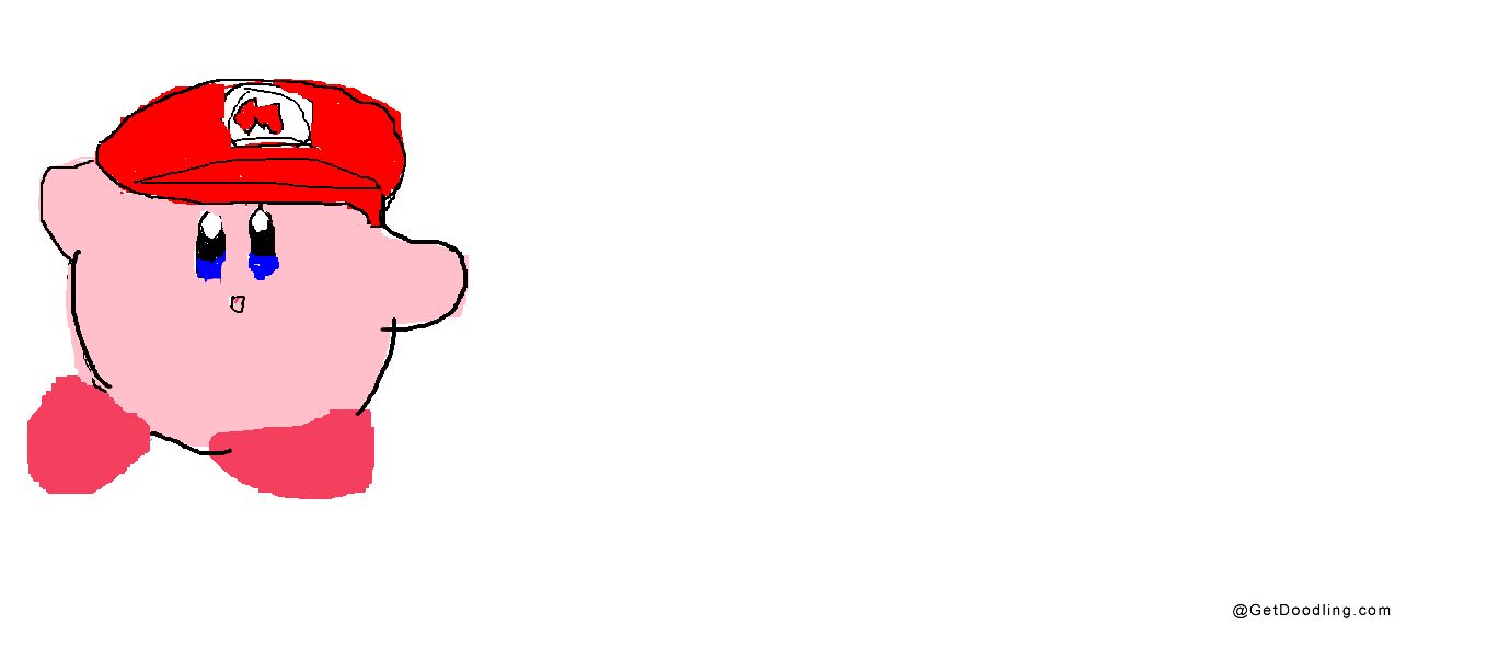 A pink, round little elf wearing a red hat