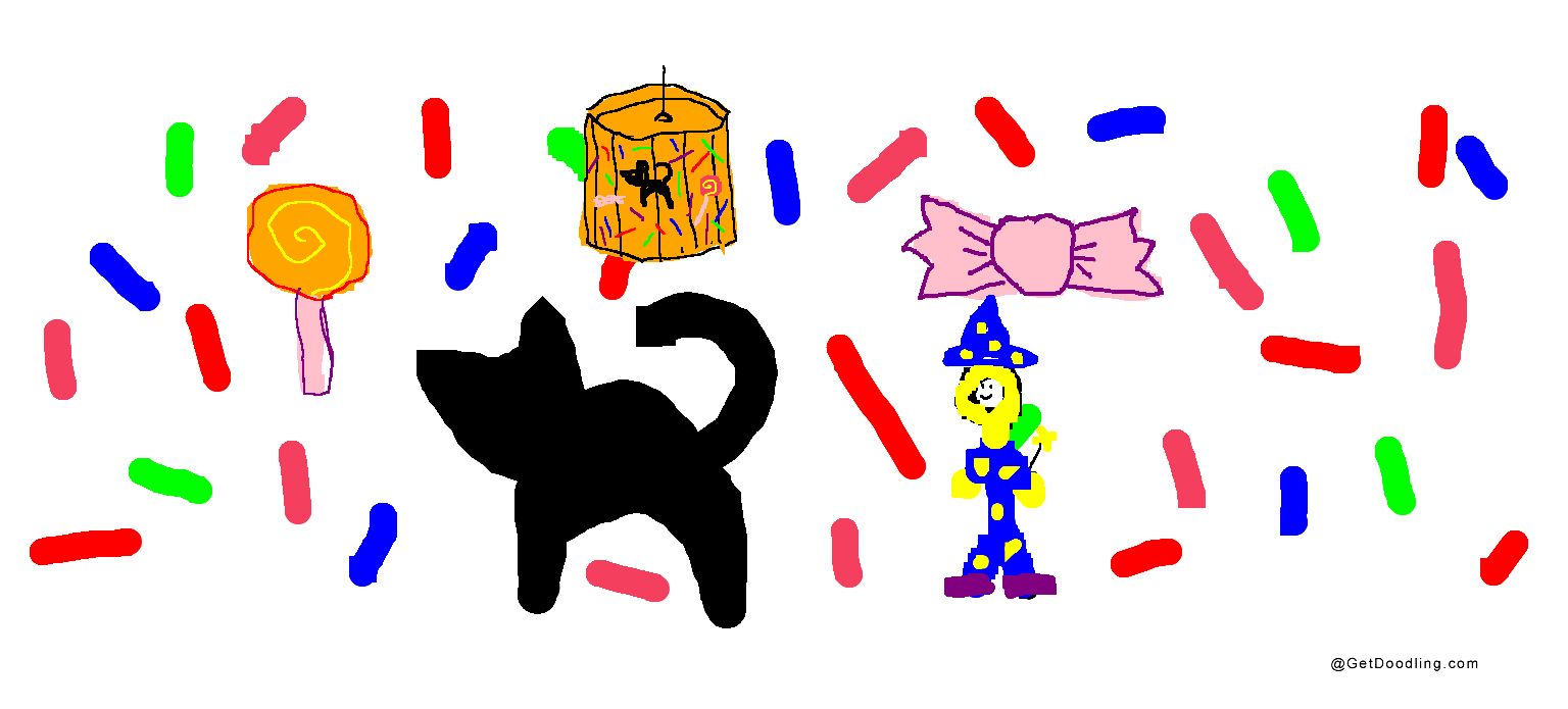 A Halloween doodle filled with candy and a little black cat