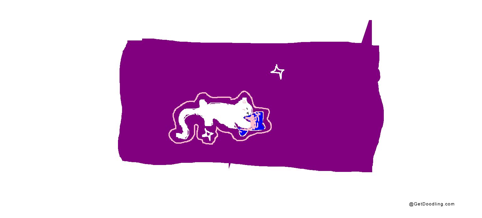 A white cat wearing a space helmet floats in a purple starry sky.