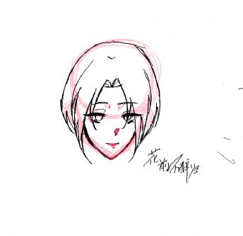 Potret wanita bergaya anime dengan garis luar hitam dan merah muda.