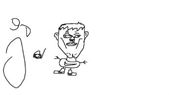Um personagem de desenho animado com uma cabeça grande, vestindo roupa esportiva