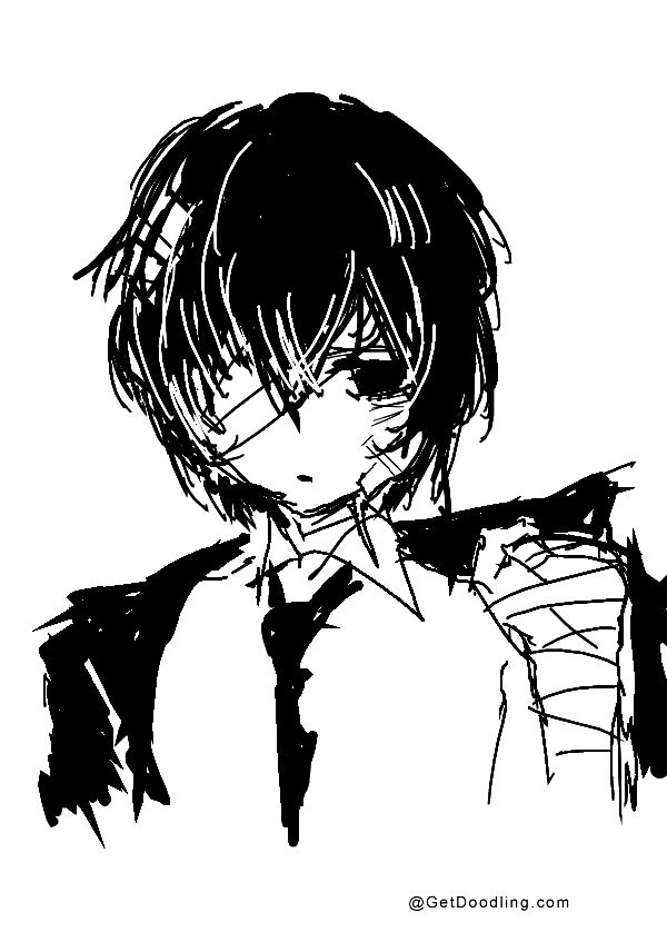An anime-style boy with hair covering his eyes and bandages wrapped around his body.