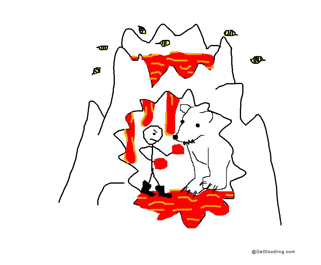 Um boxeador e um urso polar estão duelando em uma caverna vulcânica cheia de lava