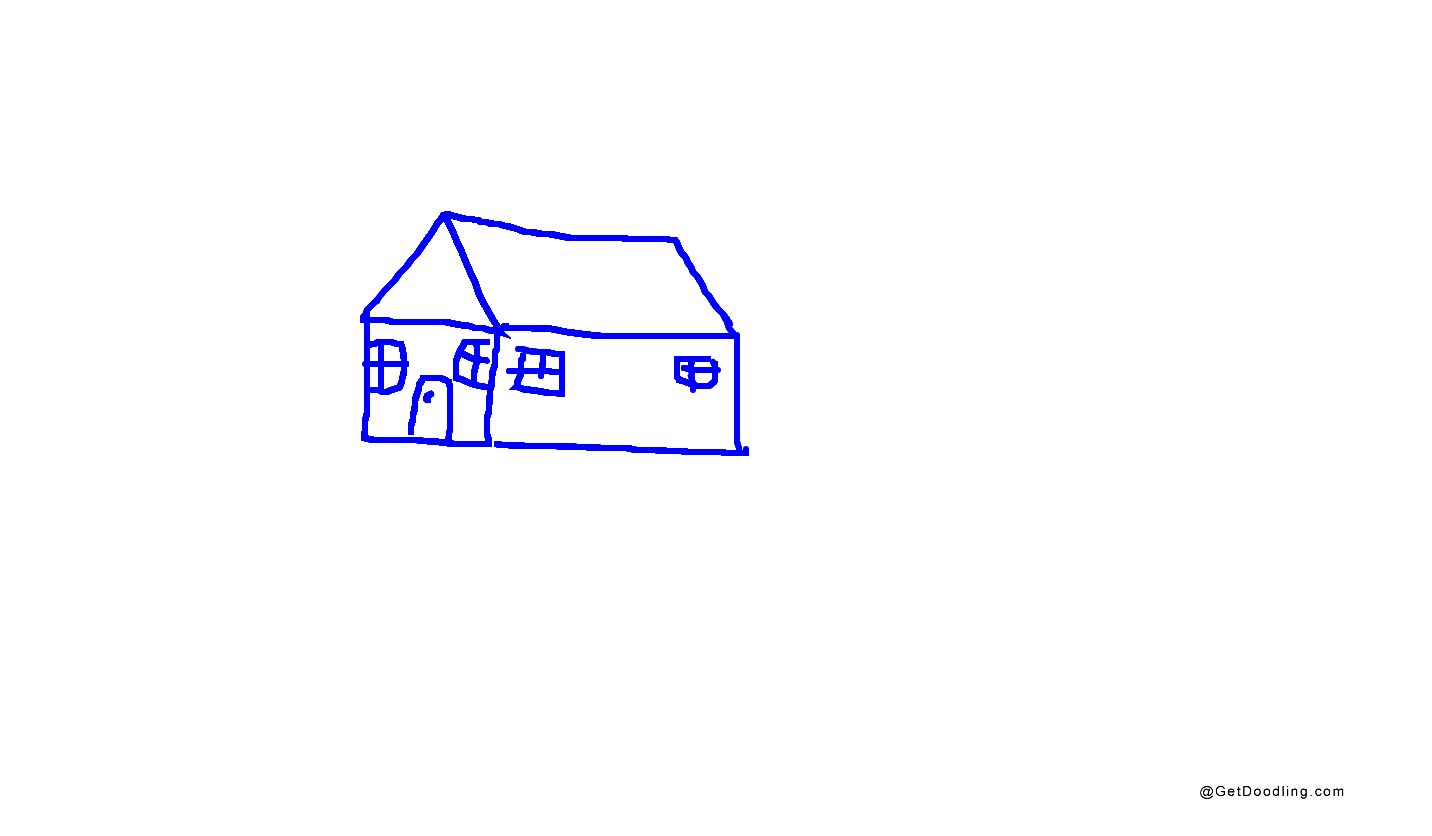 A little house drawn with blue lines