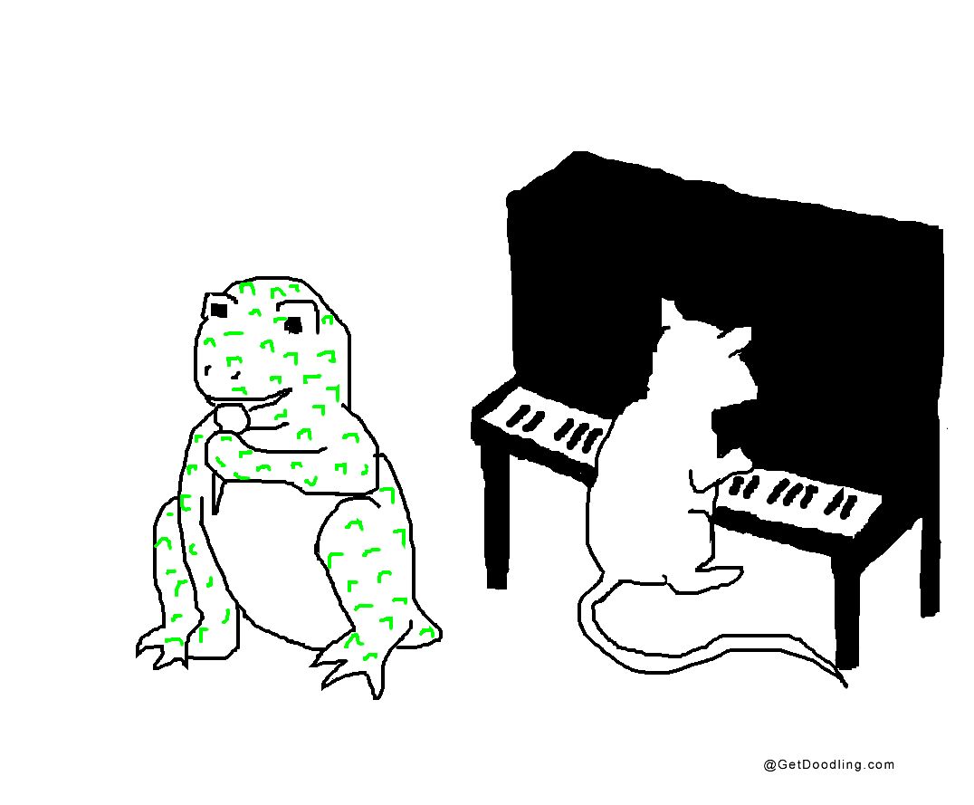 Seekor katak sedang bernyanyi, dan seekor tikus sedang memainkan piano