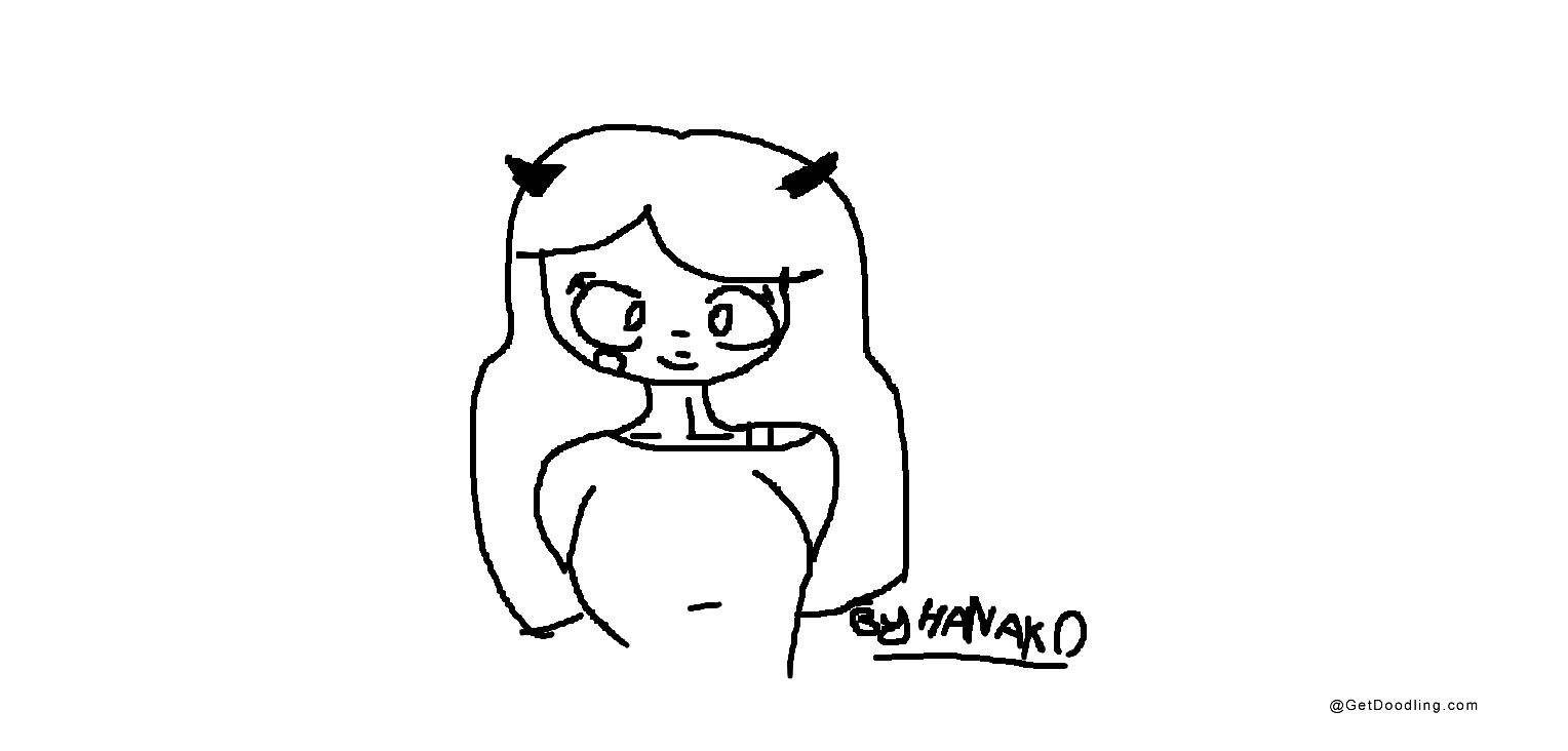 A cartoon girl with long hair and little horns on her head