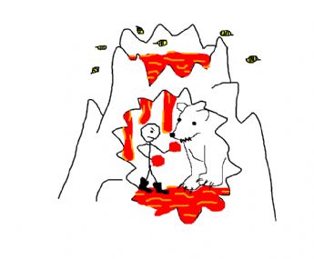 Um boxeador e um urso polar estão duelando em uma caverna vulcânica cheia de lava