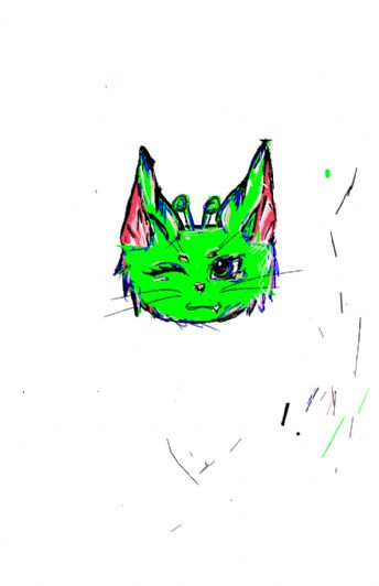 Seekor kucing asing berwarna hijau dengan antena di kepalanya