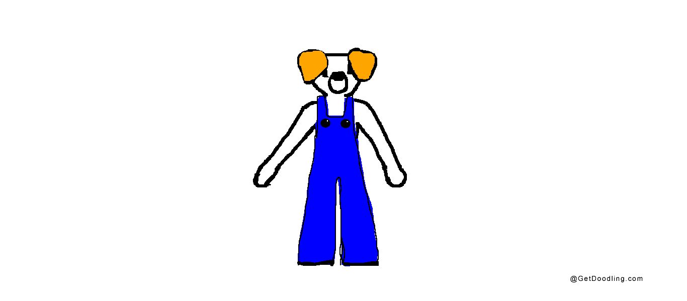 A little dog wearing blue overalls