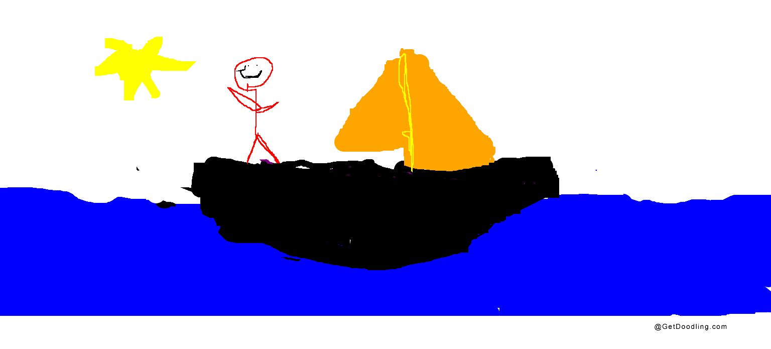 A little person is sailing on a small sailboat on the blue sea