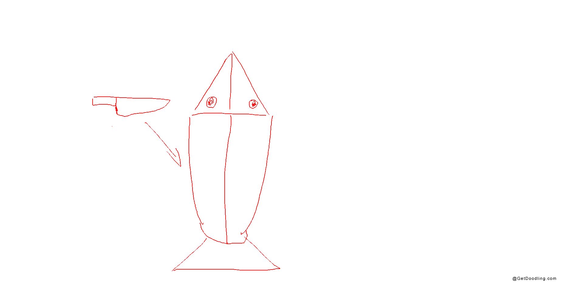 A small knife is pointing at a little fish that looks like a rocket