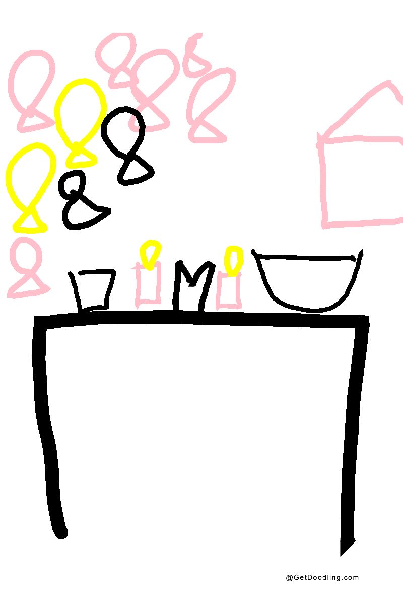 A party table laden with items, above which float many pretty, colorful balloons