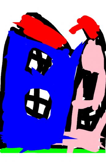 A little blue house and a pink person