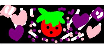 一颗可爱草莓在彩色爱心和圆点的包围下闪闪发亮