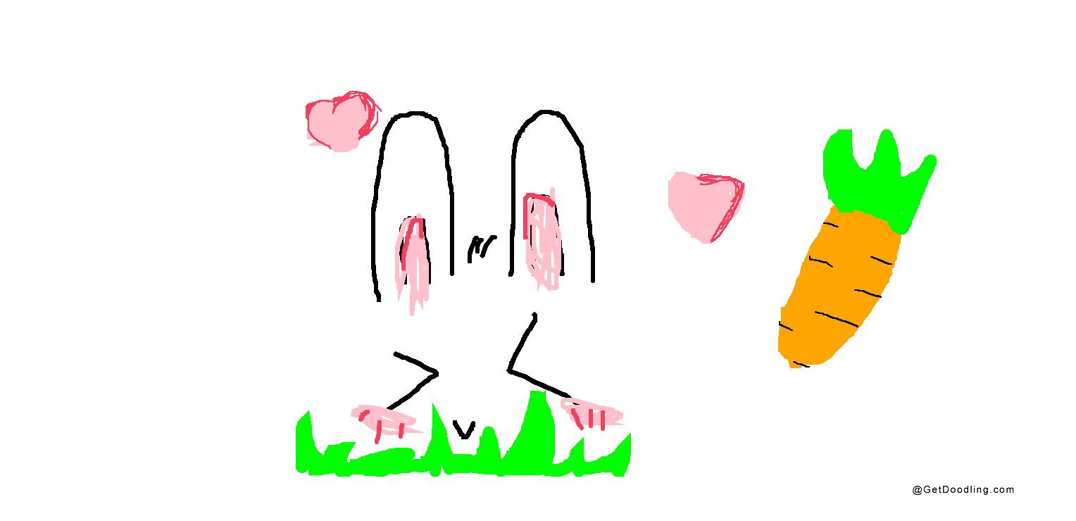 A little rabbit is looking at a carrot in the grass
