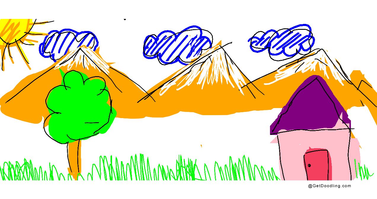 A small house in the sunlight and the joyful scenery of snow-capped mountains