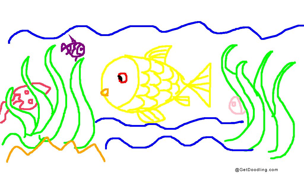 A small golden fish swims happily among the seaweed