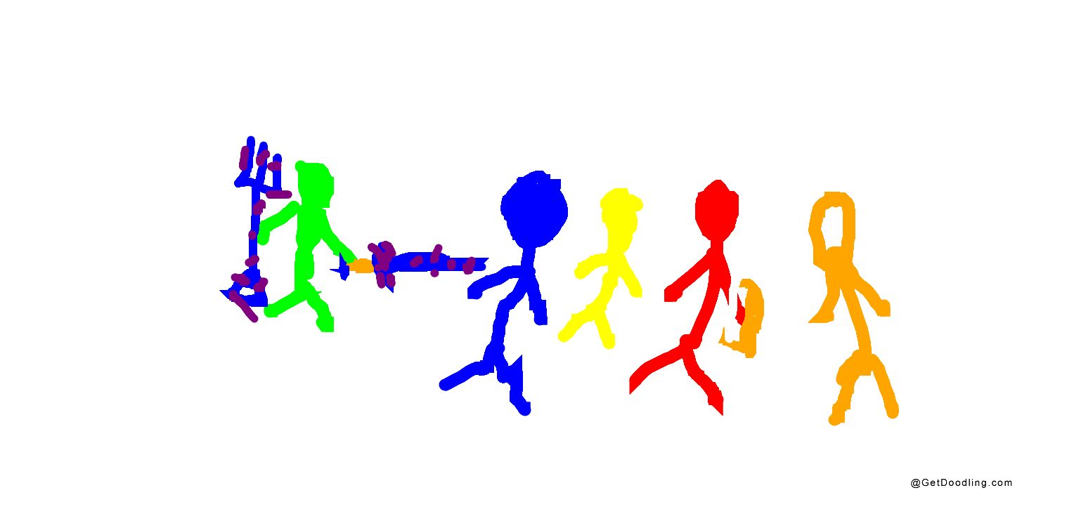 Cinco bonequinhos coloridos brincando juntos