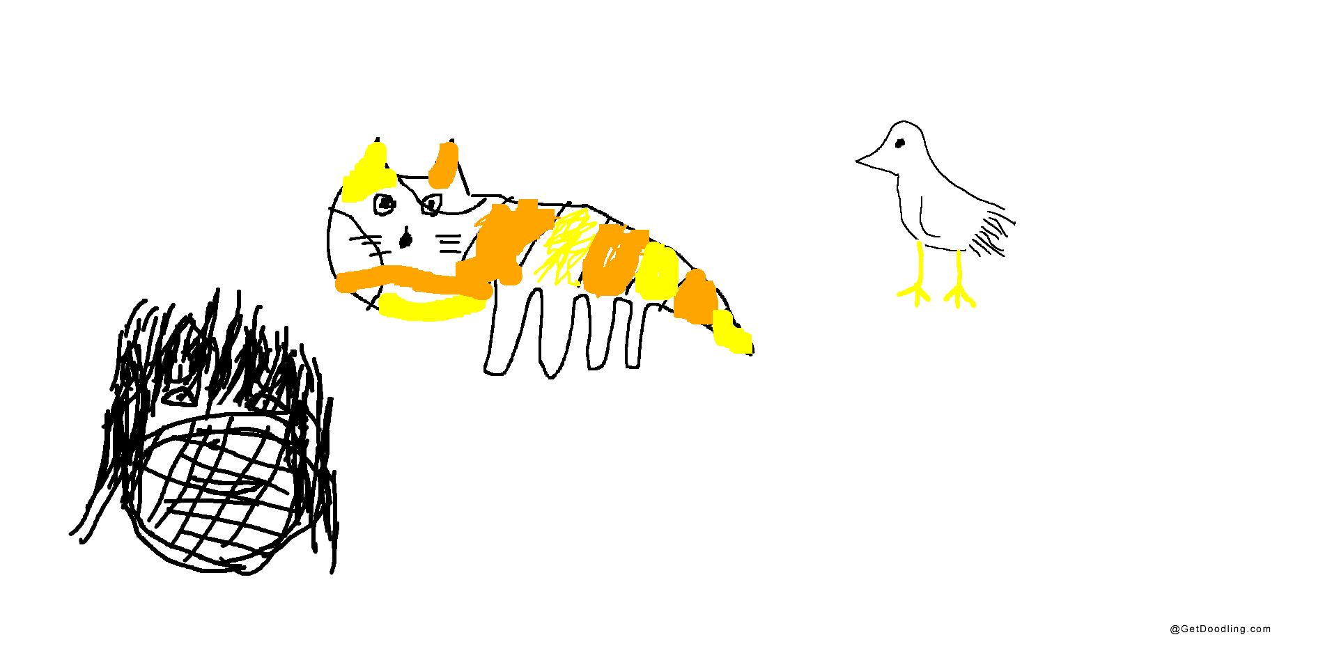 An orange-yellow cat meets a little bird