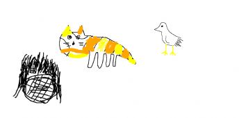 Seekor kucing berwarna oranye-kuning bertemu dengan seekor burung kecil
