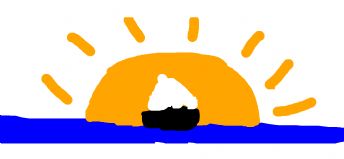 A child's drawing of an orange sun boat